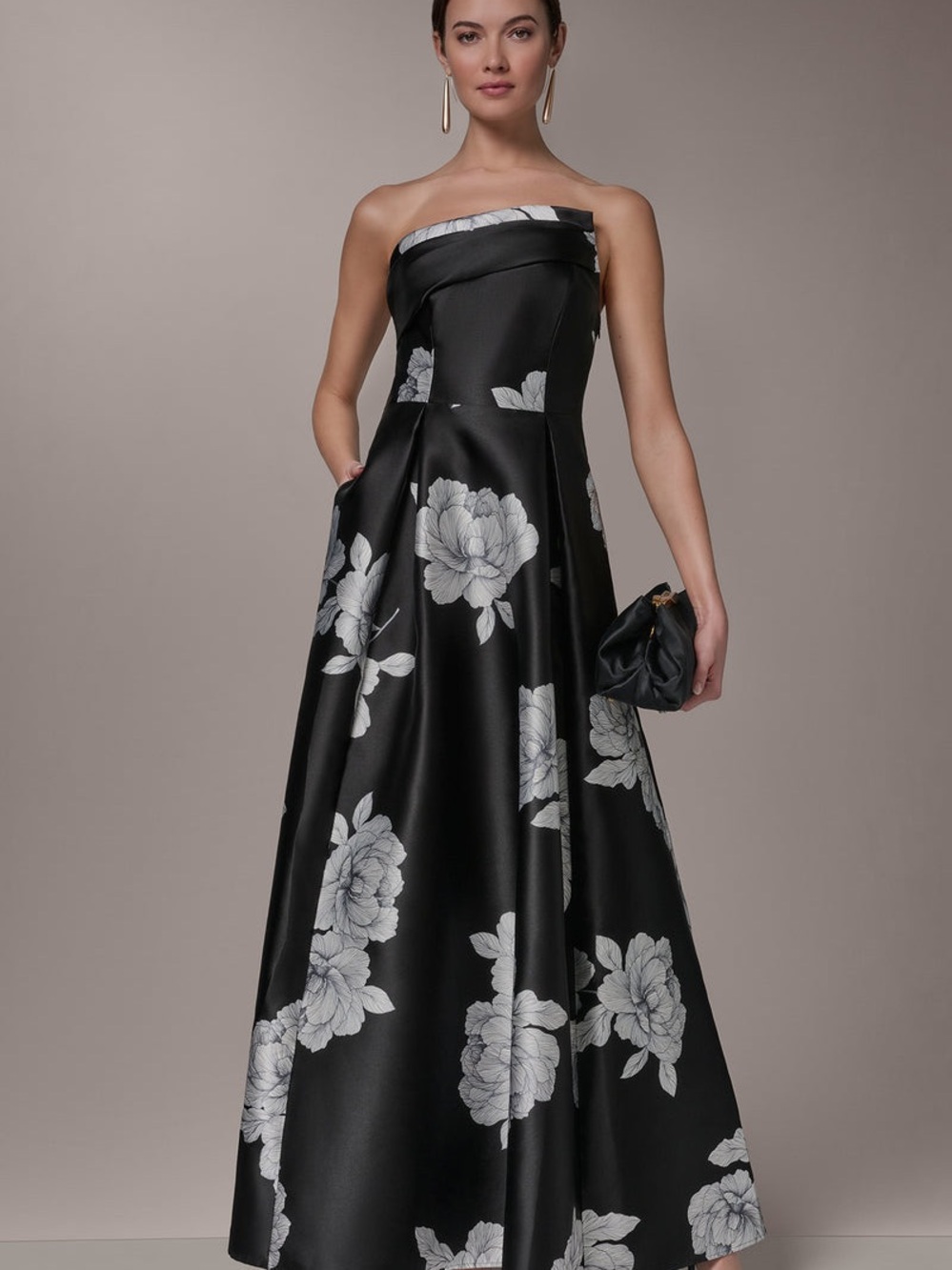 Donna Karan Black Strapless Satin Gown with Silver Floral Print